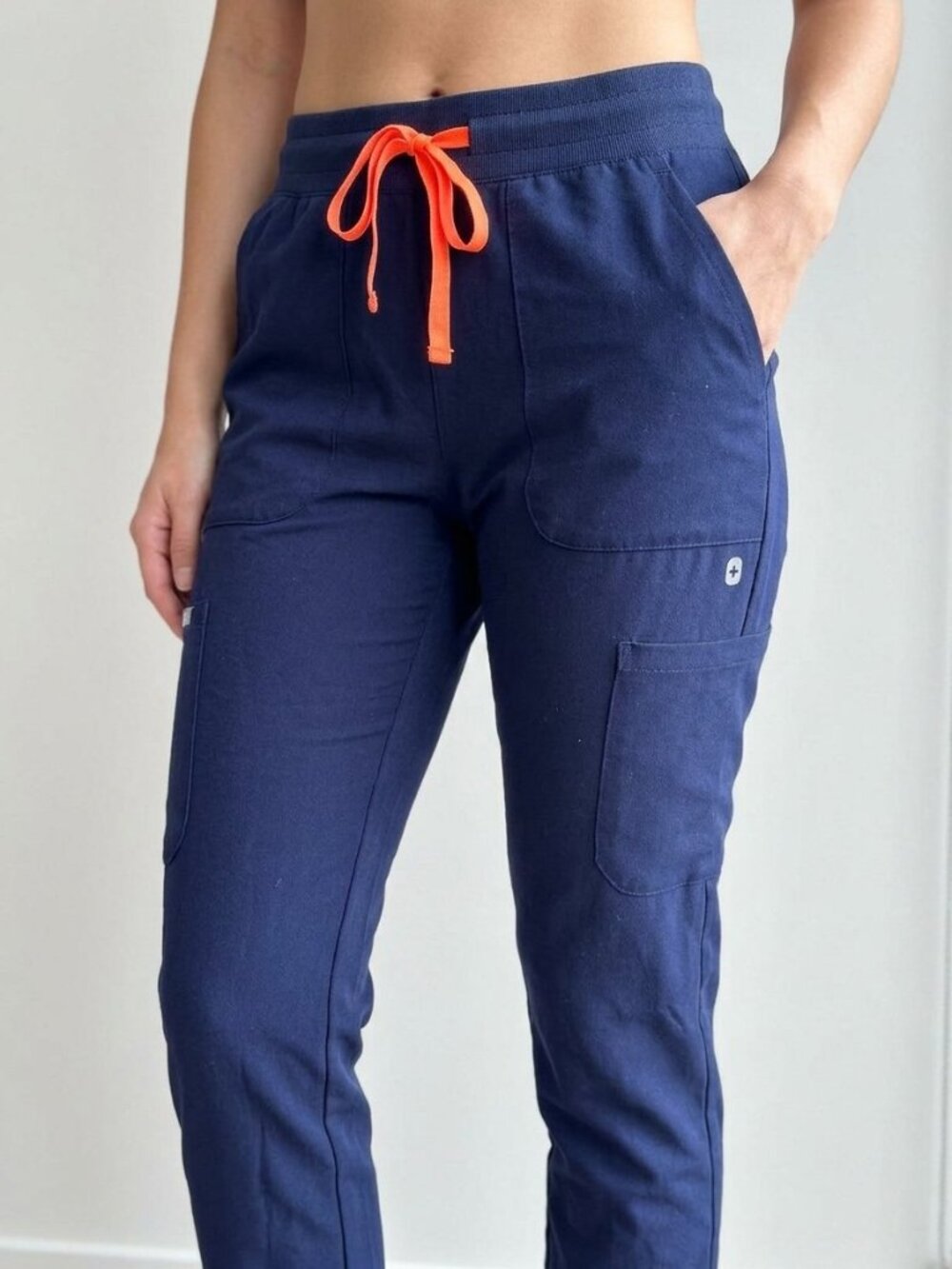 FIGS Nepal Skinny Tapered Scrub Pants Navy Neon Orange Drawstring | XS